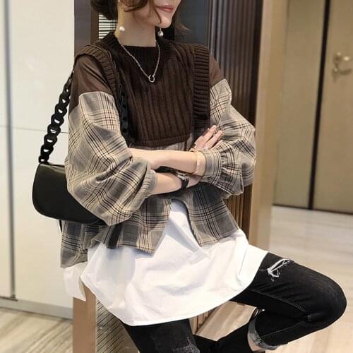 Vintage Patchwork Sweater Women Autumn Winter Long Sleeve Plaid Pullovers Sweaters Oversized Knitted Sweater Jumper Pull Femme