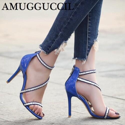 2021 New Plus Big Size 32-46 Black Red Blue Zip Rhinestone Fashion Sexy High Heel Summer Girls Females Lady Womens Sandals L944