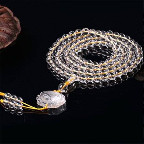 6A Natural 8mm Clear White Crystal Beads 108 Rosary Mala Multi-circle 108 Bracelets for Men or Women Long Yoga Lotus Necklace