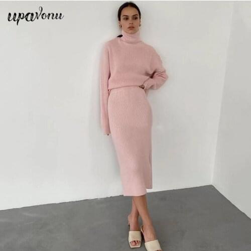 Free Shipping Casual Knitted Loose Turtleneck Sweater & Tight Midi Pencil Skirt Two-piece Fashion Women Solid Color Sweater Sets