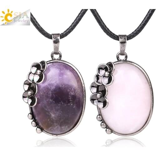 CSJA Vintage Egg Shaped Natural Stone Pendant Antique Silver Color Plated Pendants Necklaces Flower Charm Jewelry Women Men G093