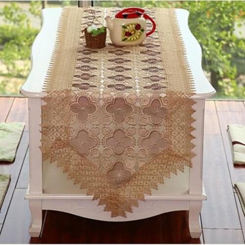 European Style Glass Yarn Embroidered Floral Hollow With Soluble Lace Decorative Table Runner Wine Red ,Light Coffee