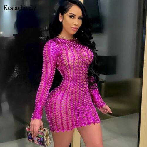 Kesiachiccly Hollow Out Party Dresses Women 2021 Solid Long Sleeve Streetwear Skinny Slim Clubwear Sexy Bodycon Mini Dress