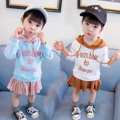 Hot Sale Hooded Sweater Dress for Baby Girls Toddler Autumn Clothes Baby Letter Print Patchwork Dresses Pleated Fake Two Pieces
