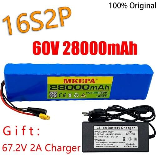 60V16S2P 28Ah 18650 Li-ion Battery Pack 67.2V 28000mAh Ebike Electric bicycle Scooter with BMS 1000Watt XT60 plug + Charger