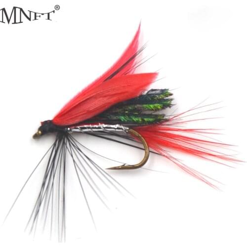 MNFT 10PCS 10# Realistic Red Feather Peacock Wing Fly Fishing Trout Lures Artificial Insect Bait Dry Hook Fly Lures Tackle