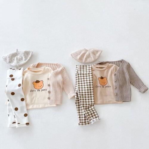 9067 Baby Clothes Boy Girls Suit For Choose Autumn 2021 Bear Head Printed Top And High Waist Leggings Or Knitted Cardigan Coat