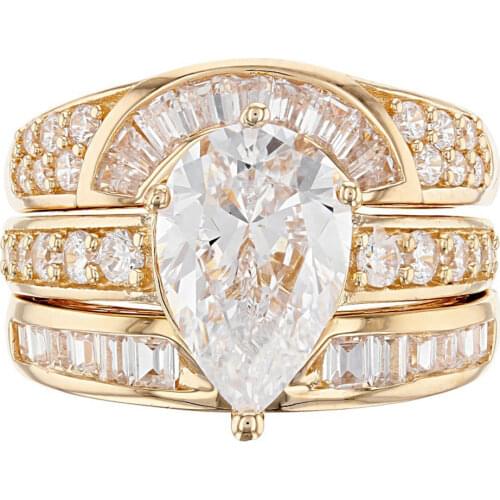 Yobest Wholesale Luxury 3PC Bridal Ring Sets Super Luxury Golden Color Micro Paved Solitaire Engagement Rings For Girl