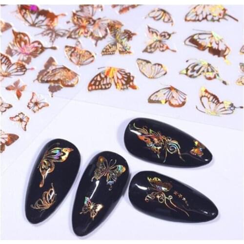 Nail Art Sticker Holographic Bronzing Fine Butterfly Stickers Hollow Decals Laser Gold Silver Beauty DIY Tips Decoration