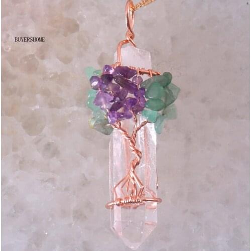 Natural White Crystal Big Pendant Reiki Chakra Tree of Life Rose Gold Color Handmade Wire Wrapped Pendant with Chain 18" K2031