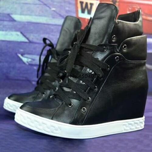 New Womens Platform Boots Flat Hidden Wedges Lace Up Ankle Boots Ladies Dress Casual Shoes Black