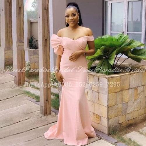 Peach Mermaid Long Bridesmaid Dresses With Bow Off Shoulder African Women Wedding Party Dress Robe De Soiree De Mariage