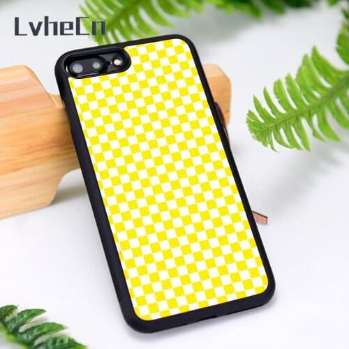 LvheCn Rubber Phone Case Cover for iPhone 6 6S 7 8 Plus X XS XR 11 12 Mini Pro Max Yellow White Checkered Checker Board Pattern