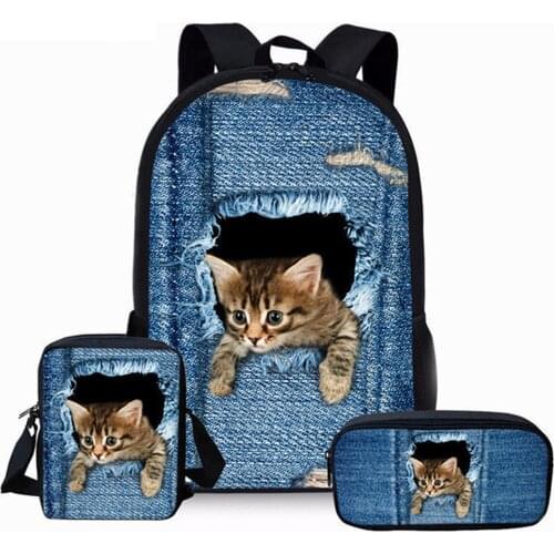 Customized Adorable Cat Cowboy School Bags 3Pcs/Set Cool Animal Print Backpack For Girls Boys Satchels Kids Bag Cartoon Bookbags