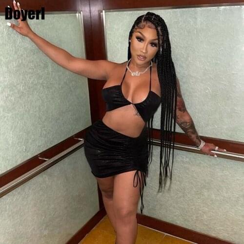 PU Leather Sexy Two Piece Set Women Summer Clothes Halter Crop Top Ruched Drawstring Skirt Matching Sets Club Outfits for Women