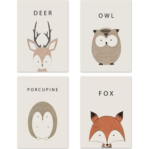 Modern Wall Pictures for Living Room Decoration Painting Nordic Minimalist Cuadros Dormitorio Elk Deer Fox Owl Lion Hedgehog