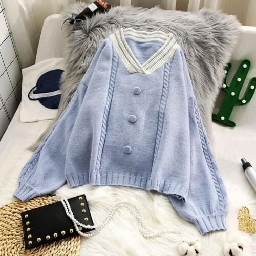 Thin Knitted Women Pullovers Sweaters 2020 Autumn New Lantern Sleeved Loose V-neck Button Casual All Match Female Pulls Outwear