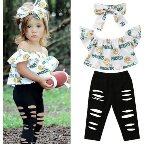 Toddler Kids Baby Girls Off Shoulder Tops T-shirts Ripped Pants Trousers Outfits