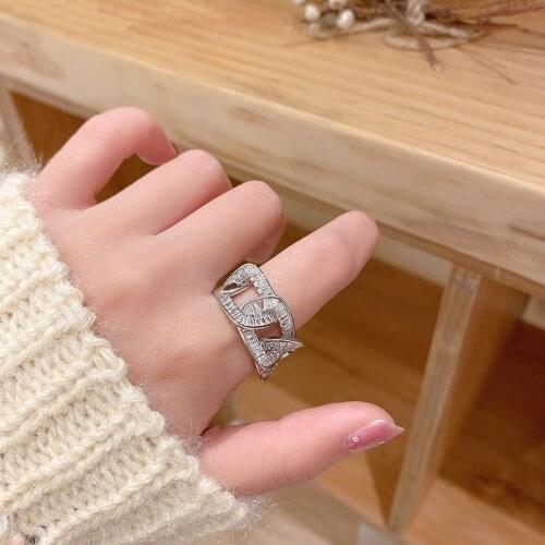 Unique Design Bling CZ Zirconia Chunky Cuban Link Chain Rings for Women Silver Color Hollow Linked Chain Wide Open Charm Rings