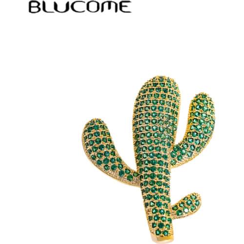 Blucome Green Cubic Zircon Cactus Plant Brooches Wedding Party Dress Coat Decoration Luxury Charming Cactus Womans Brooch Pin