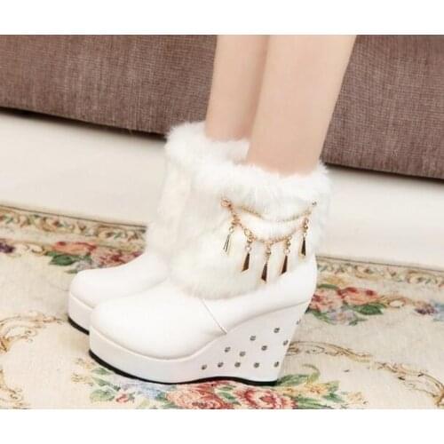 2020 Wedge Women Boots Beaded Winter Women Shoes Platform Warm Fur Shoes Woman Ankle White Snow Boots WBS4015