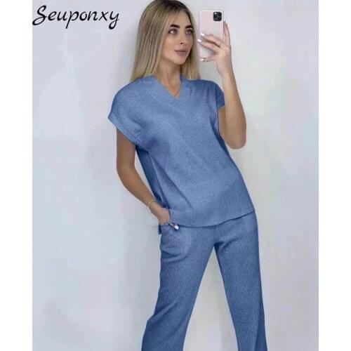 High Quality 2021 Summer WomenS Silky Knit 2 Two-Piece Set Sexy Short-Sleeved Top + High-Waist Wide-Leg Pants Casual Set