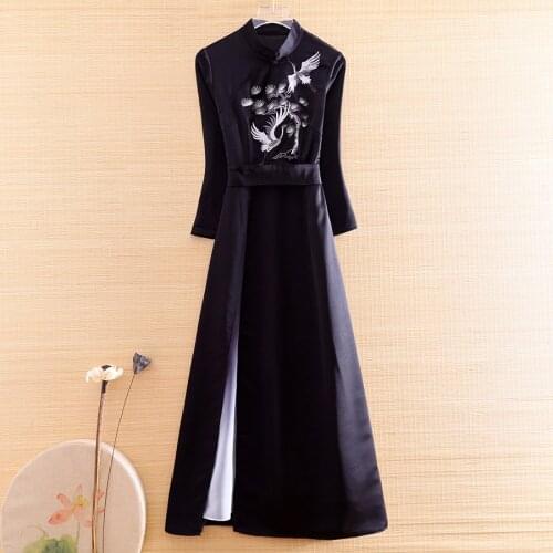 Chinese Style Women Qipao Dress Autumn Royal Embroidery Crane Pine Vingtage Elegant Lady Luxurious Cheongsam Dress S-XXL