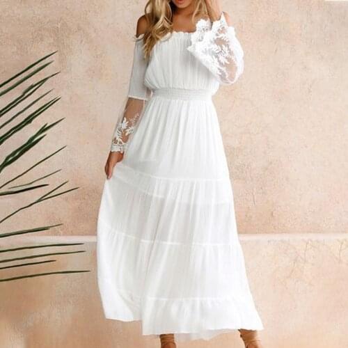 Casual Women Chiffon Maxi Dress Flare Sleeve Off Shoulder Dresses Autumn Fashion High Waist Lace Stitching Solid White Vestidos