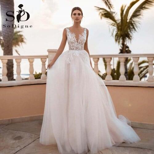 SoDigne Princess Wedding Dress A Line V Neck Skin Tulle Boho Bride Dresses Vestidos de novia Plus Size Women Gown