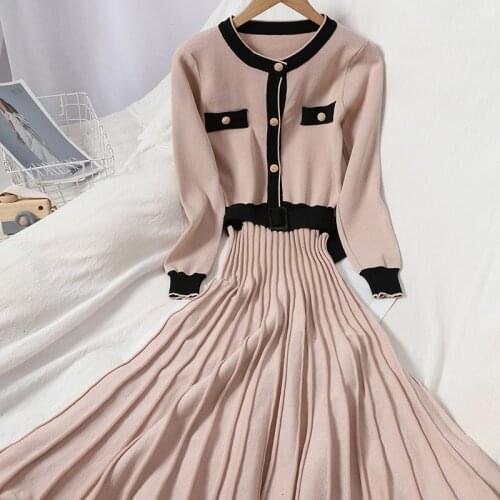 2021 Autumn Winter Chic Elegant Knitted Dress Women O Neck Tie Bow Breasted Sweater Dresses Female High Waist Pleated Long Dress