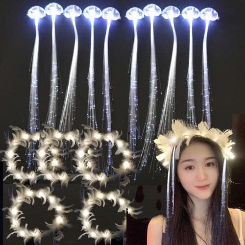 White 10pcs LED Hair Barrettes Flashing Optic Braid Hairpin and 5pcs Feather Crowns Light up Wreath for Wedding Birthday Party