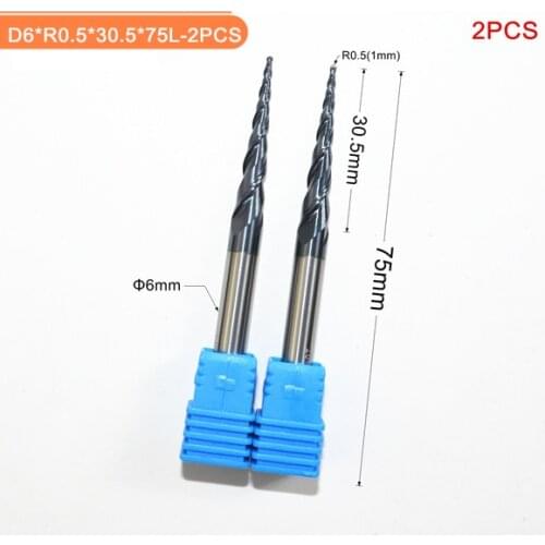 2PCS,R0.5*D6*30.5*75L,HRC55 Tungsten solid carbide TiALN Coated Tapered Ball Nose End Mills,2 flutes spherical and cone Bit,wood