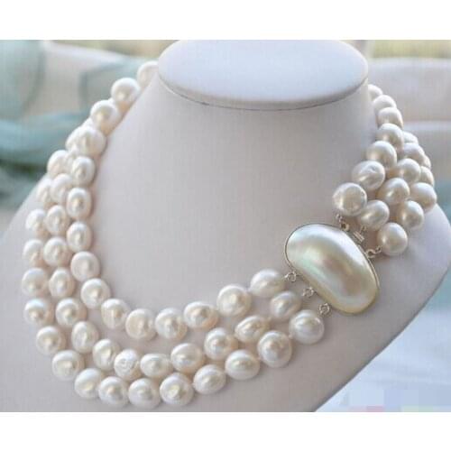 3ROW 10-13mm BAROQUE WHITE FRESHWATER PEARL NECKLACE MABE