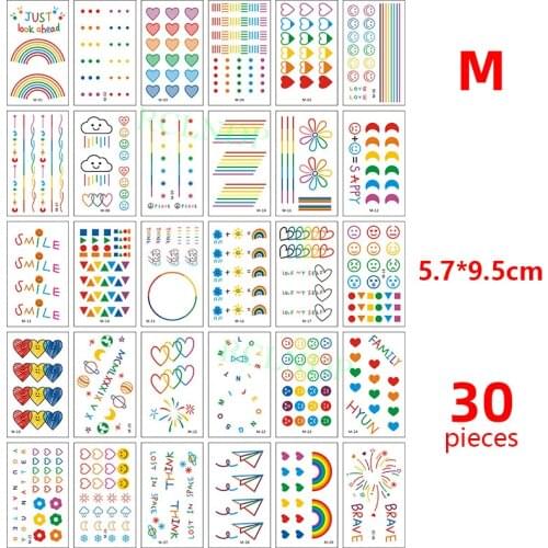 30 pcs Waterproof Temporary Tattoo Stickers set cute line rainbow colorful smiley Body Art Flash Tatto Fake Tatoo for Men Women