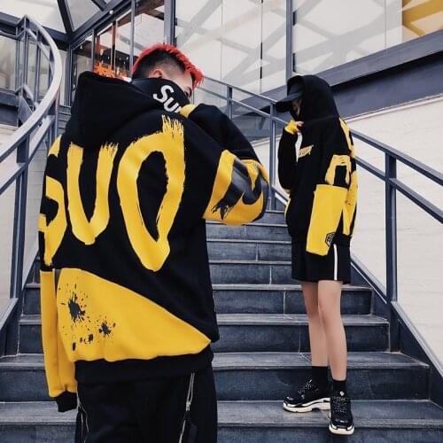 317# Real Shot Hiphop National Trends Printing Men and Women Couple plus Velvet Hoodie Loose Coat Autumn and Winter