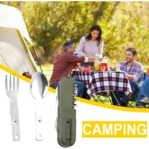 7 In 1 Portable Folding Camping Picnic Flatware Stainless Steel Travel Kit Knife Fork Spoon Bottle Opener Cutlery Tableware
