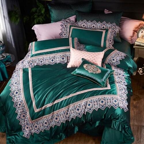 Noble 100S Egyptian cotton Tencel Silky Bedding sets Queen King Luxury Lace Edge Royal Duvet cover Bed sheet set Europe Green