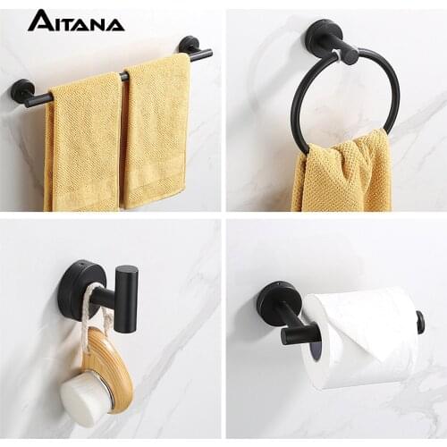 Stainless steel towel bar coat hook black tissue towel ring bathroom set