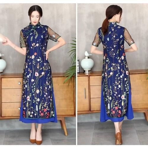Shanghai Story Perspective Sleeve long Chinese dress Qipao Dress chinese style cheongsam Lace Chinese Traditional dress 2 Color