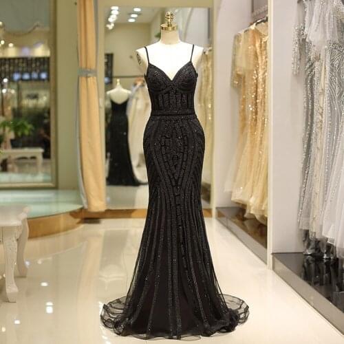 Sexy Straps Black Crystal Long Evening Dress Mermaid Beaded Formal Party Gowns Sleeveless Robe de Soiree