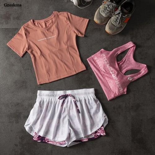 T Shirt+Bra+Shorts Women Fitness Gym 3 Piece Set Quick Dry Yoga Suits Running Sportswear Clothing Outdoor Ropa Deportiva Mujer