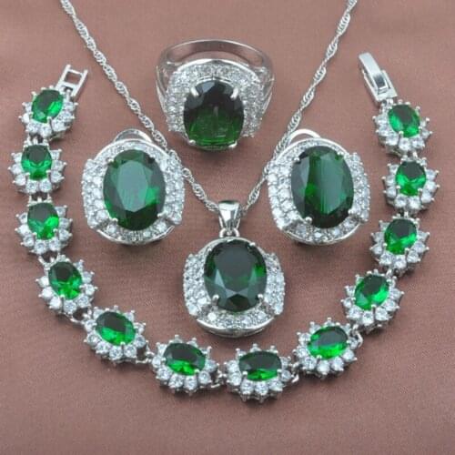 Amazing Womens Green Zirconia Wedding Jewelry Sets Crystal Bracelet Silver Color Necklace Pendant Earrings Ring YZ0237