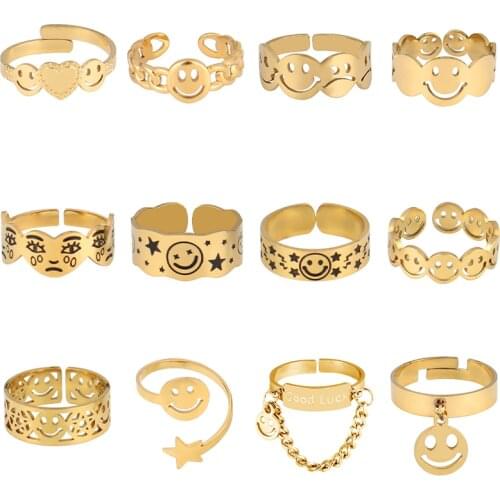 Stainless Steel Rings For Women Vintage Smile Face Ring Open Finger Ring Geometric Gold Silver Color Adjustable Ring Jewelry
