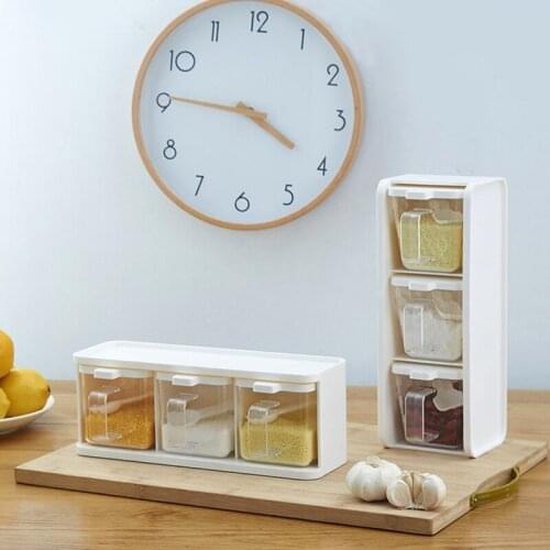 3 Grid ABS Seasoning Box With Lid Herb Spices Storage Condiment Jar Seasoning Container With Spoon Kitchen Accessories