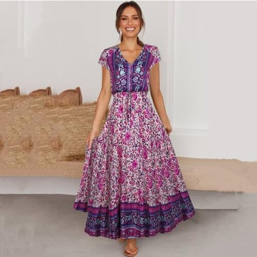 Summer Dress Women Robe Femme Short-Sleeved Lace-Up Positioning Flower Stitching Dresses Vestido De Mujer Boho Long Dress Woman