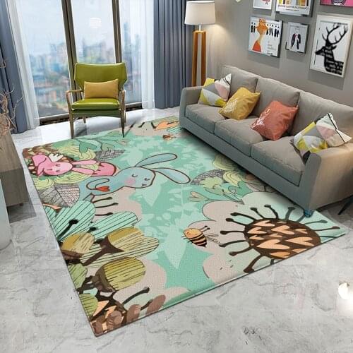 Fashion Green Animal Bunny Bee Pattern Children Flannel Carpet Baby Hand Print Carpet Baby Play Mat Rectangular Children Carpet