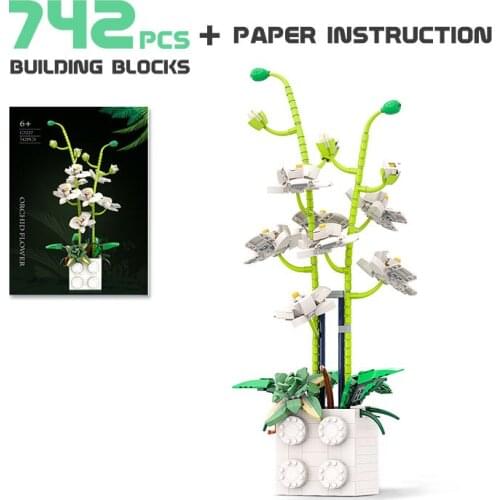 Natural Floral Block Model Vase Potted Flowers Green Orchid Blossom Building Blocks Brick Accessories Kids Educational Toy