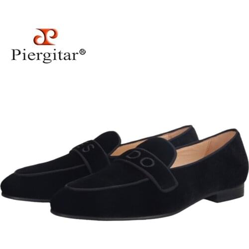 Piergitar New YES-I-DO Embroidered Black Velvet Slippers Handcrafted Mens Loafers For Wedding And Party Plus Size