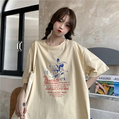 Retro Ins Letter Loose Tshirt Female Korean Harajuku Womens T-shirts Tops Japanese Kawaii Ladies Ulzzang Clothes For Women