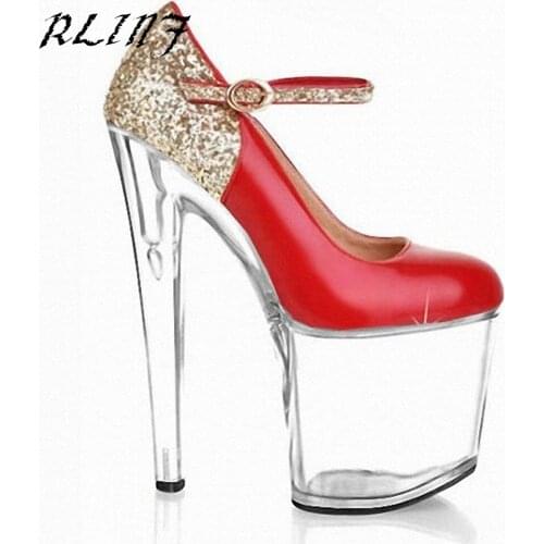 RLINF 2018 New Fashion Hit Color Shallow Mouth Glitter Shoes Red Crystal with 20cm High With